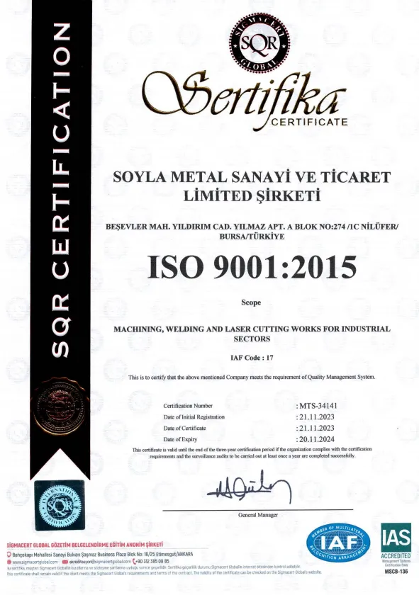 Soyla Metal ISO 9001:2015 sertifikası — İngilizce